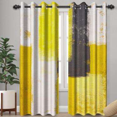 Imagem de Kzzfqxb Cortinas de pintura abstrata amarela branca e cinza para sala de estar, cortinas de janela com estampa ombré moderna, cortinas laváveis à máquina com tema xadrez geométrico, para decoração de