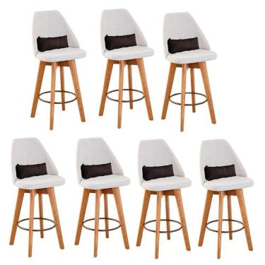 Imagem de Kit 07 Banquetas Alta Maya Giratória Com Encosto Gourmet Linho Bege e Almofada Corino Marrom - Aurora Line