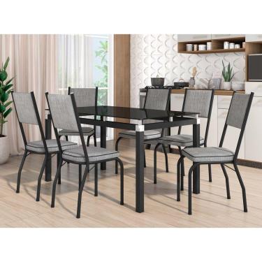 Imagem de Conjunto Mesa De Jantar Com 6 Cadeiras 258 Malva Tampo Vidro 140cm Sf Preto Assento Grafiato - Combo Stock