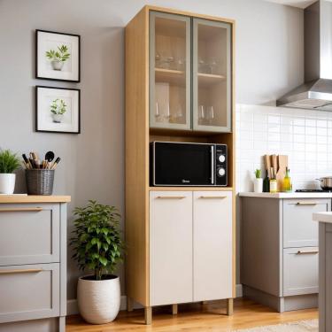 Imagem de Paneleiro de Cozinha 4 Portas com Nicho e Vidro Reflecta Nobre Cinamomo/Off White