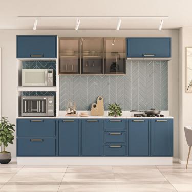 Imagem de Cozinha com Rodapé Torre Quente Armário Cristaleira Aéreo Basculante Balcão com Tampo Amara Azul/Branco