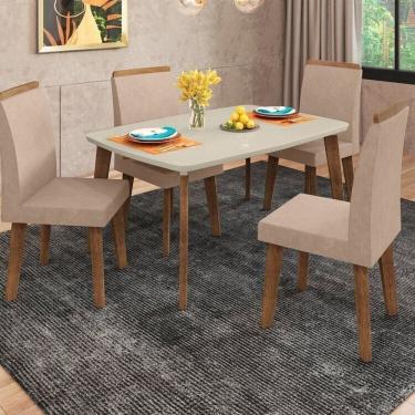 Imagem de Mesa de Jantar Jade 4 Lugares Tampo de 120cm em Mdf com Vidro e Pés em Madeira Maciça Cinamomo/Off White