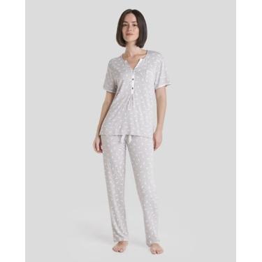 Imagem de Pijama Feminino Longo com Estampa de Penas Macio Cinza Lohe, Cinza, G