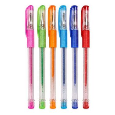 Imagem de Kit Caneta Gel Glitter 6 Cores Sortidas Ponta Fina Homeplay