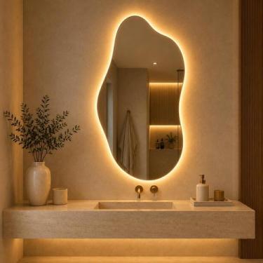 Imagem de Espelho Orgânico Com Luz Led Quente Banheiro Salão Camarim Closet Deco