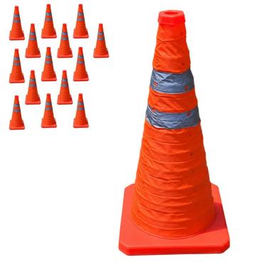 Imagem de Kit 14 Cones Retráteis Sinalizadores SU-CONE1-1 Dobráveis com Faixas Refletivas 70cm Laranja Economia Solar