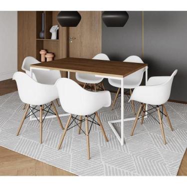 Imagem de Mesa Jantar Industrial Retangular Amêndoa 137X90Cm Base V Ferro Branco