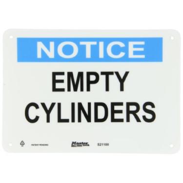 Imagem de Master Lock S21100 25,4 cm de largura x 17,7 cm de altura de polipropileno, azul e preto sobre branco placa de segurança, cabeçalho "Aviso", legenda "cilindros vazios"