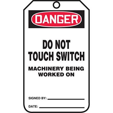 Imagem de Accuform MDT215PTM RP-Plastic Safety Tag, Legend "Danger Do Not Touch Switch Machinery Being", 14,6 cm de comprimento x 8,25 cm de largura x 0 cm de espessura, vermelho/preto sobre branco (pacote com 5)