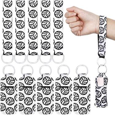 Imagem de Conjunto de 20 porta-chaves de batom de vôlei, inclui porta-batom, chaveiros, padrão de voleibol, tema esportivo, suporte de batom portátil e alça de pulso para batom (branco), Branco, 20 Piece Set