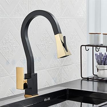 Imagem de Guindaste de água quente e fria torneira de cozinha montada no convés torneiras retráteis de cozinha preto torneira pia misturador duas funções alça única, preto e dourado, tamanho único