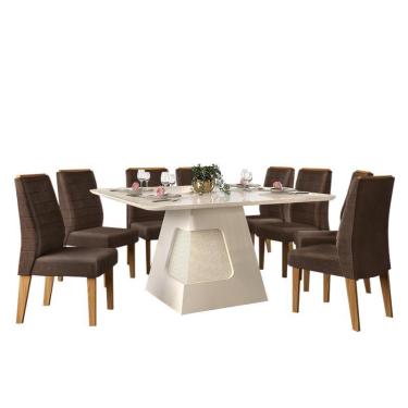 Imagem de Mesa de Jantar Escala 136x136 Creme com 8 Cadeiras Curvata - pr Móveis Carvalho Europeu/Marrom Café