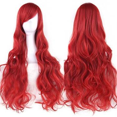 Imagem de IMISSU Peruca cosplay de cabelo natural cacheado longo com franjas coloridas fantasia de Halloween perucas de festa (Vermelho)