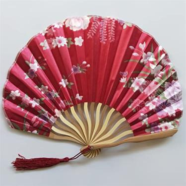 Imagem de Leque dobrável estilo japonês leque de seda ventilador dobrável de bambu chinês vintage em forma de onda quilha dança leques de mão artesanato decoração de casa ornamentos presentes acessórios decorativos feitos à mão (cor: chocolate)