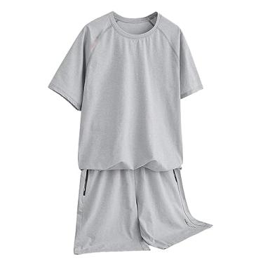 Imagem de Conjunto de camisas polo masculinas de gola redonda, cor sólida, conjunto curto de seda gelo, secagem rápida, 2 peças, Cinza, 3G