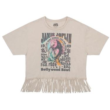 Imagem de Isaac Morris Limited Janis Joplin Classic Rock & Roll Camiseta feminina de manga curta com franjas, Bege, PP