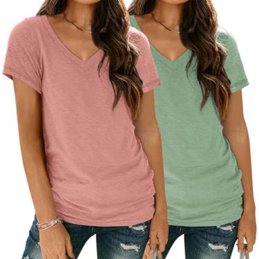 Imagem de SUNBS Pacote com 2 camisetas femininas básicas de manga curta com gola V, caimento solto, leve, casual, roupas de verão 2024, Pacote com 2: Rosa verde, XXG