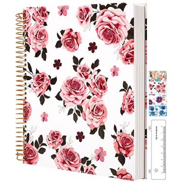 Imagem de CAGIE Caderno espiral de capa dura 20,5 x 11, caderno espiral floral de 200 páginas com bolsos, cadernos grandes encadernados espirais para mulheres e meninas, rosa
