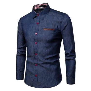 Imagem de Camisa jeans masculina, manga comprida, gola alta, cor sólida, bainha reta, punhos ajustáveis, Azul-escuro, 3G