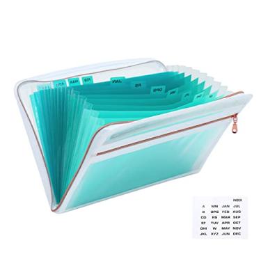 Imagem de MEGREZ Pasta de arquivo de papel A4 com 13 bolsos, pasta de arquivo acordeão com abas, organizador de documentos com zíper, pasta organizadora de documentos, pasta de arquivo expansível com abas, pasta de documentos sanfonados, verde transparente