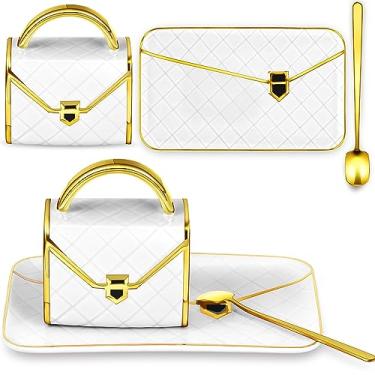 Imagem de Zubebe 1 conjunto de caneca de café elegante em forma de bolsa de mão caneca moderna bolsa de cerâmica com colher e pires, xícara de chá criativa fofa de 293 ml para escritório, casa, mulher, meninas