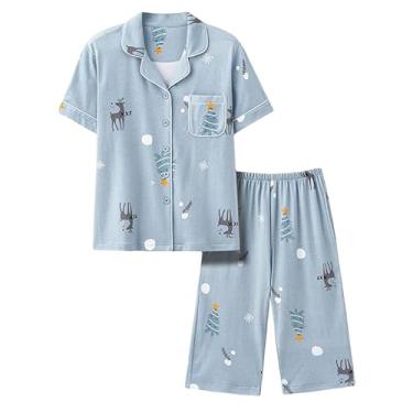 Imagem de LUZBOSE Pijama feminino confortável, conjunto de pijama de duas peças, manga curta, cardigã com botões, loungewear (G, cervo azul)