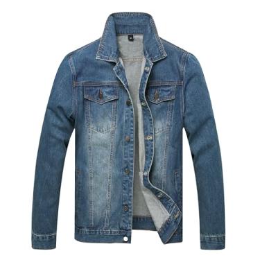 Imagem de LAMKUKU Jaqueta jeans masculina rasgada slim jaqueta masculina, Azul escuro 2806-stretch, GG