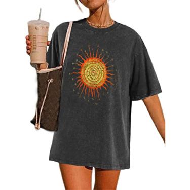 Imagem de Wrenpies Camisetas vintage de grandes dimensões com estampa estética do sol camisetas envelhecidas para mulheres namorado folgadas camisas casuais tops, Preto, XXG