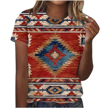Imagem de MaMiDay Camisetas femininas de verão asteca de manga curta gola redonda pulôver leve 2024 camiseta casual solta, A01#vermelho, M
