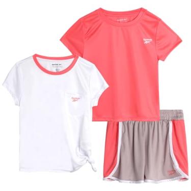 Imagem de Reebok Conjunto de shorts ativos para meninas – Camiseta de manga curta de 3 peças, regata, shorts de ginástica – Conjunto atlético de verão para meninas (7-12), Coral de açúcar quente, 8