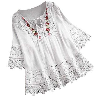 Imagem de Lainuyoah Blusas de trabalho femininas de linho de verão vintage laço patchwork renda gola V bordado manga 3/4 camisa retrô, B - branco, 4G