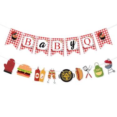 Imagem de Unwish Baby Q Banner para chá de bebê decorações de festa de aniversário churrasco verão piquenique suprimentos de festa pano de fundo de fotos