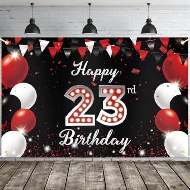 Imagem de JOYKY Banner de feliz aniversário de 23 anos, decorações de festa vermelhas e pretas para homens e mulheres, suprimentos de decoração de pano de fundo de 23 anos, 15 x 9 metros