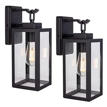 Imagem de LIT-PaTH Lanterna de parede externa, arandela de parede como luminária de varanda, base média E26 máx. 60W, metal antiferrugem com sombra de vidro, preto, pacote com 2