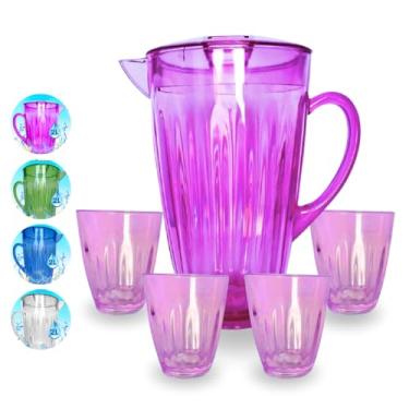 Imagem de Jarra de Acrílico 2L com Tampa Mais 4 Copos 400ml para Suco, Água, Chá Gelado, Bebidas (JOGO 4 COPOS E JARRA ROSA)