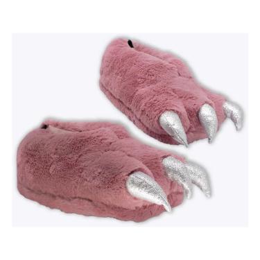 Imagem de Pantufa 3D Pata De Dinossauro T-Rex Fashion Rosa Garra Prateada Desenho:Dinossauro;Tamanho:M;Cor:Rosa