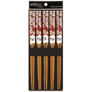 Imagem de KIt 05 Pares Hashis Japonês Sushi Red Floral Bambu Yoi 