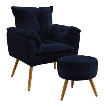 Imagem de Kit Poltrona Almofadada Decorativa Opala e Puff Solar N-025 Veludo Azu