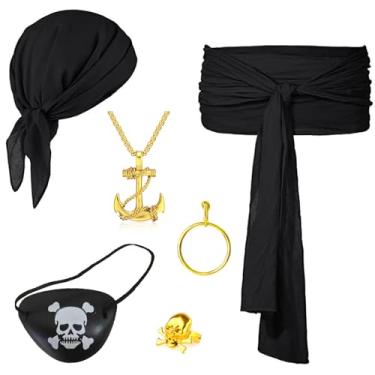 Imagem de Gionforsy Conjunto de fantasia de pirata, bandana de pirata, lenço de cabeça, chapéu, faixa de cintura de pirata, conjunto de acessórios para festa de cosplay de Halloween, Preto, One Size