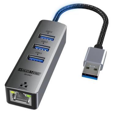 Imagem de Adaptador USB para Ethernet, hub Ethernet LAN USB 4 em 1 para laptop, hub USB 3.0 para RJ45 com 3 x USB 3.0, Gigabit de 1000 Mbps, compatível com MacBook, Surface Pro, Windows 11/10/8/7, XP,