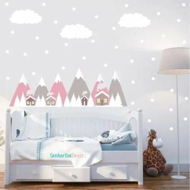 Imagem de Adesivo De Parede Montanhas Casinhas Neve Nuvens Bolinhas - pinkie