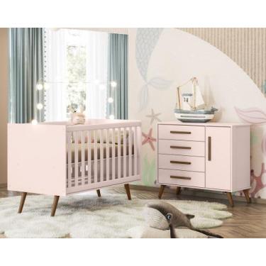 Imagem de Quarto de Bebe Berço Mini Cama e Cômoda Q Encanto Retrô Rosa Qmovi