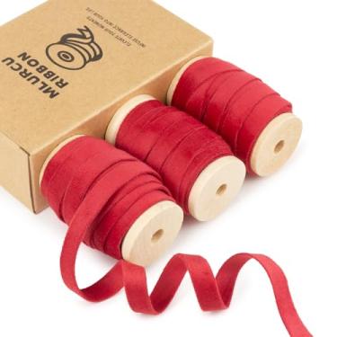 Imagem de Fita de veludo vermelho 9,5 cm x 55,5 m, acabamento em tecido, vintage, dupla face, fita de veludo vermelha fina para enfeites de árvore de Natal, embrulho de presente, decoração de casamento,