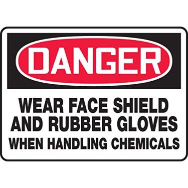 Imagem de Accuform MPPE012XV Placa adesiva, legenda "Danger WEAR FACE Shield and Rubber Gloves When Handling", 25,4 cm de comprimento x 35,5 cm de largura x 0 cm de espessura, Dura-Vinyl, vermelho/preto sobre