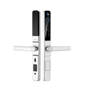 Imagem de Fechadura inteligente para porta de alumínio tuya, wi-fi, com câmera, à prova d'água, ip66, senha de impressão digital, cartão rfid, vidro eletrônico, fechadura para porta deslizante(Silver4585-Long)