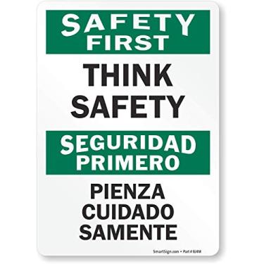 Imagem de SmartSign Etiqueta bilíngue "Safety First - Think Safety" | Vinil laminado de 12,7 cm x 17,8 cm