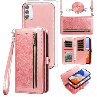 Imagem de Asuwish Capa de celular para Samsung Galaxy A14/M14 5G com zíper carteira magnética destacável com protetor de tela de vidro temperado alça transversal porta-cartões de flores A 14 4G 14 A 14 M G5