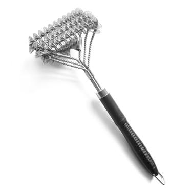 Imagem de SUNRISE Escova de churrasqueira de aço inoxidável de alta qualidade com raspador, sem cerdas, cabeça de escova extra forte de 3 fileiras, design sem bristel
