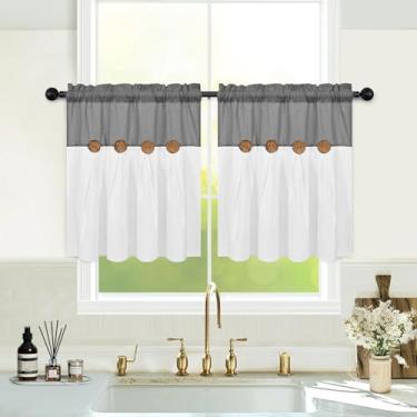 Imagem de Cortinas de cozinha Boho de 61 cm de comprimento, cortinas de linho de algodão de fazenda, cortinas curtas de botão rústico para janelas, cortinas cinza de café country, cortinas de janela pequenas