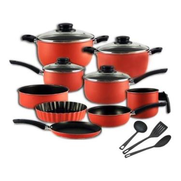 Imagem de Conjunto Panelas Teflon 12 Peças  Tampa De Vidro - Dinox, Vermelho